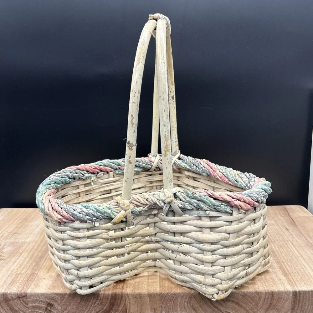 Vintage Heart Shape Woven Wicker Basket Colorful Pastel Rope Accent w/Handle 16